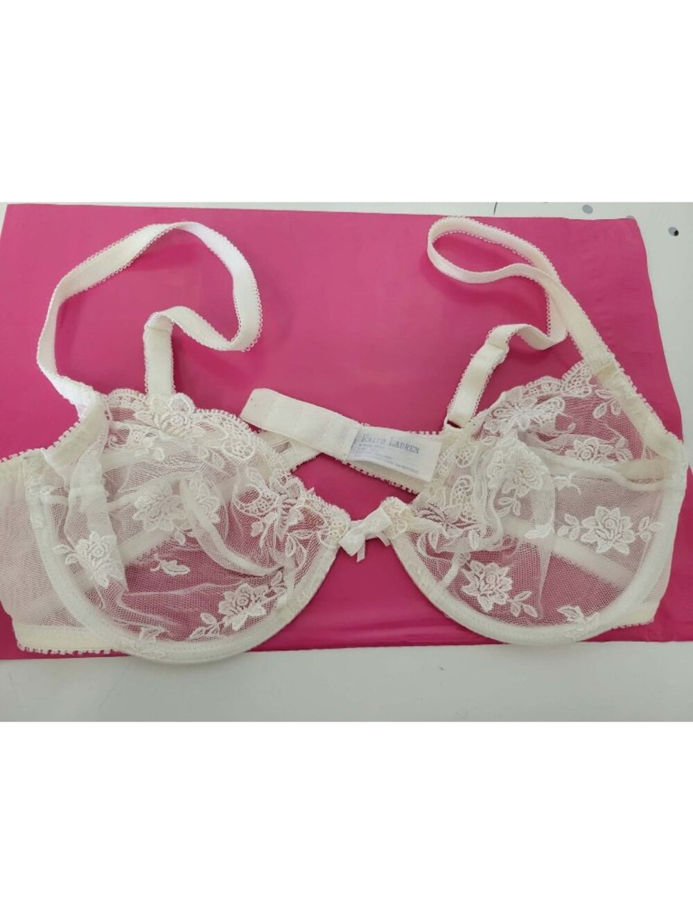 Ralph Lauren Womens White Lace Floral Sheer Underwire Bra With Adjustable Straps